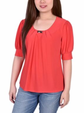 NY Collection Women S Petite Short Sleeve Balloon Sleeve Top with Hardware PXL